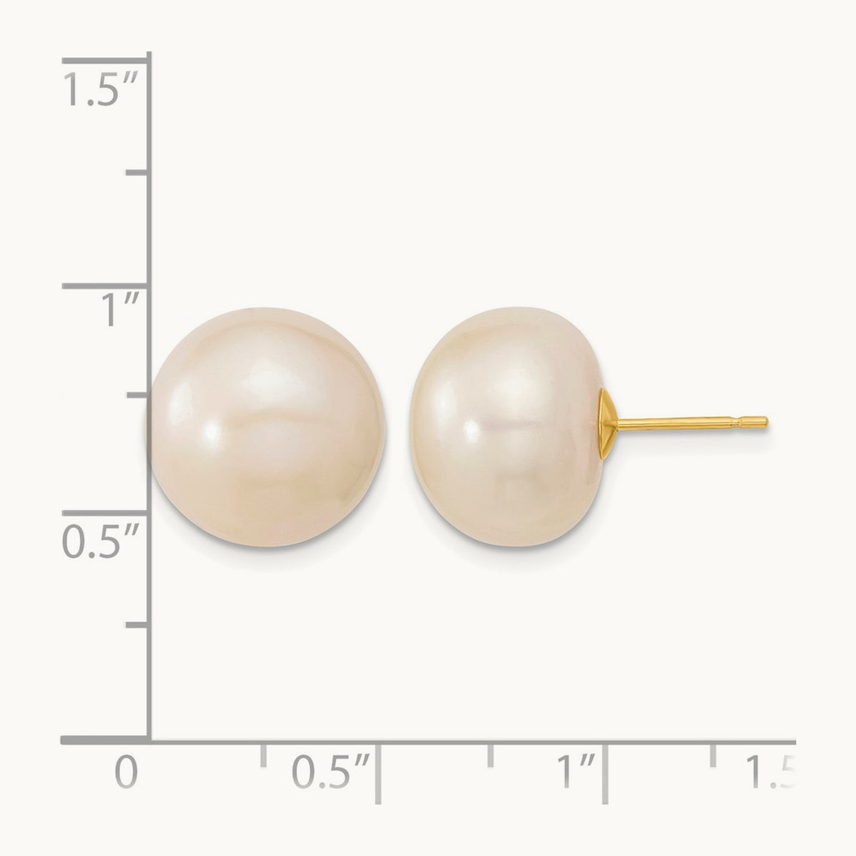 13- White Button Freshwater Cultured Pearl Post Earrings, 14mm, 14K