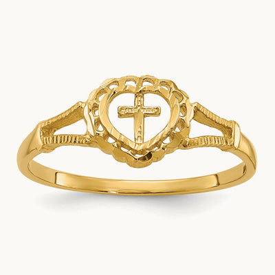 Diamond-Cut Childs Heart & Cross Ring, 14K