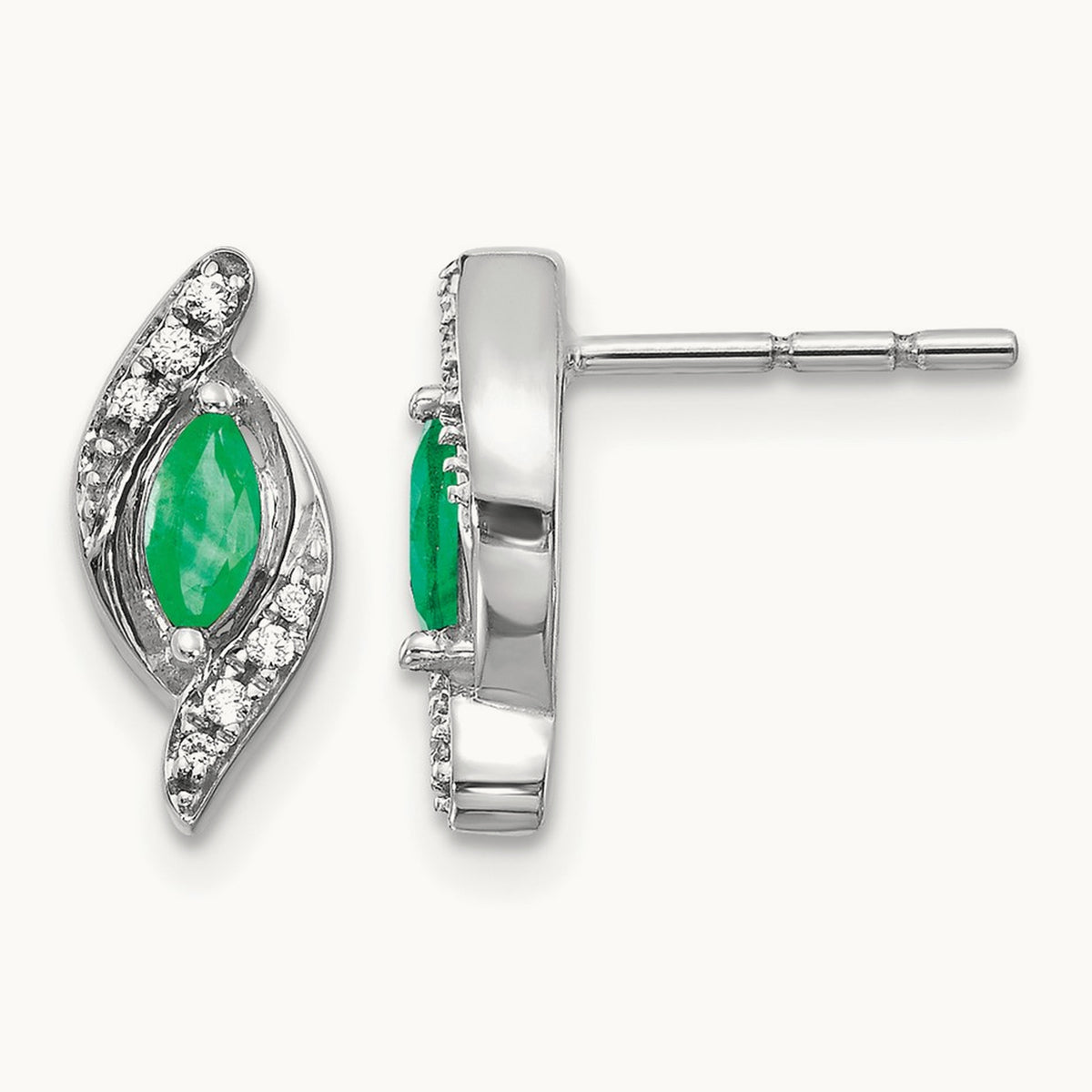1/15Ct Diamond and Emerald Earrings — 14K White Gold