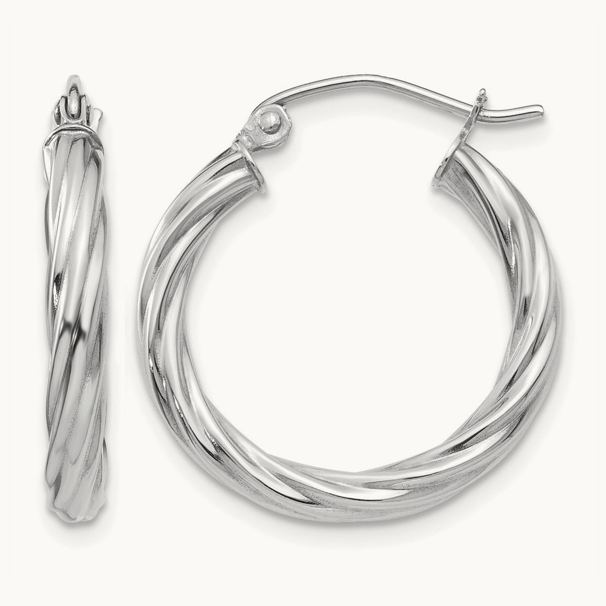 Rope Twist Hoop Earrings — 14K White Gold, 15mm, 3.25mm