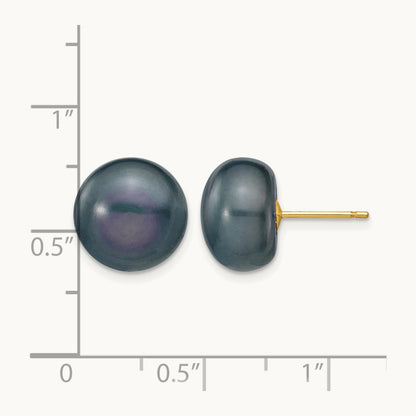 Black Button Freshwater Cultured Pearl Stud Post Earrings — 14K Yellow Gold