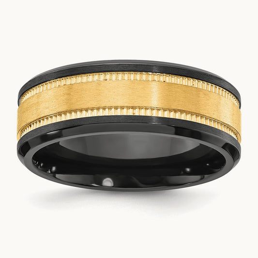 Black Zirconium Brushed & Polished w/Yellow IP-plated Center Band, 8mm