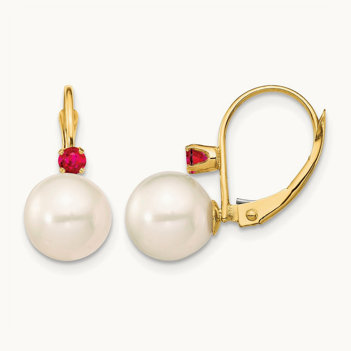 8- White Round FWC Pearl Ruby Leverback Earrings, 8.5mm, 14K