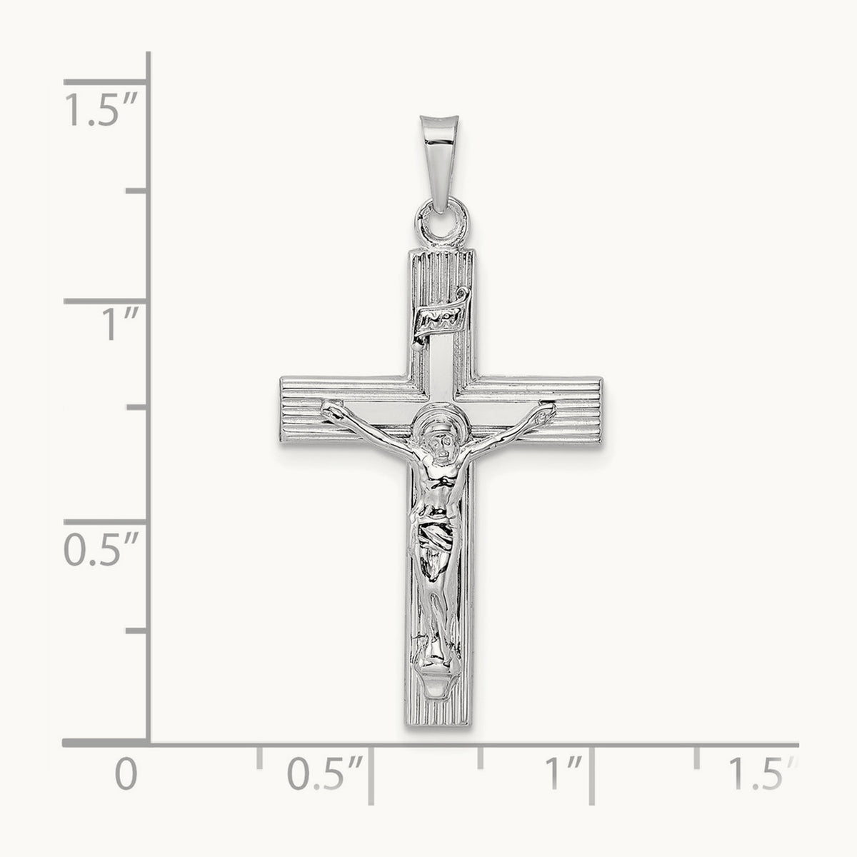 Polished Solid INRI Striped Crucifix Pendant — 34.6mm