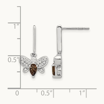 Diamond and Smokey Quartz Bee Earrings, 14K White Gold