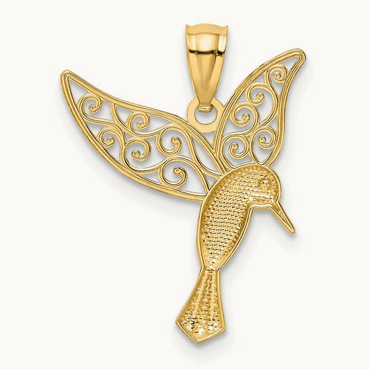 w/Rhodium Polished Hummingbird Filigree Wings Pendant, 14K