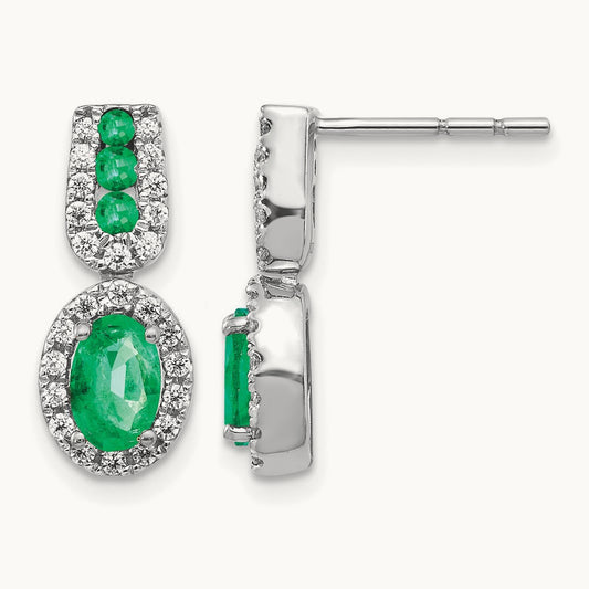 1/3Ct Diamond and Emerald Earrings — 14K White Gold