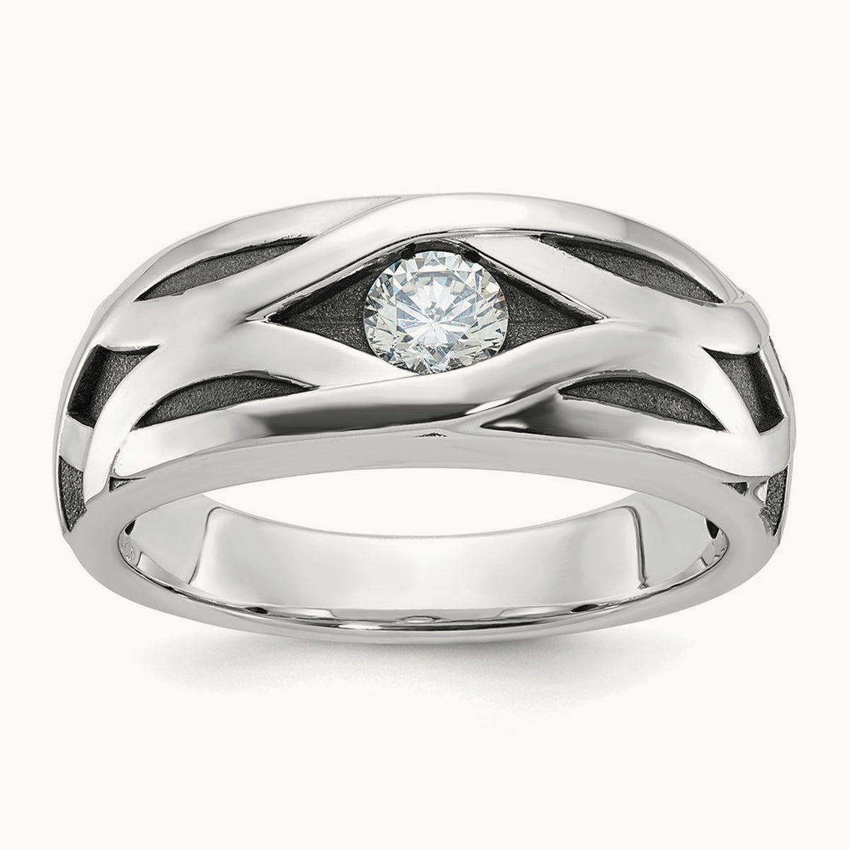 w/ Blk Rhodium IBGoodman Polished Satin & Grooved Diamond Ring, 14K White Gold