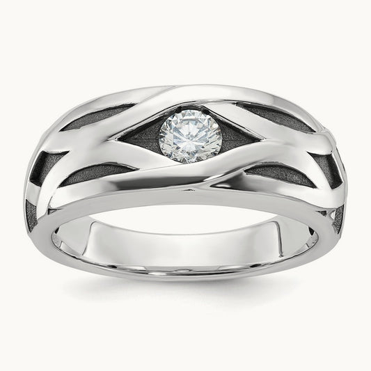 w/ Blk Rhodium IBGoodman Polished Satin & Grooved Diamond Ring, 14K White Gold