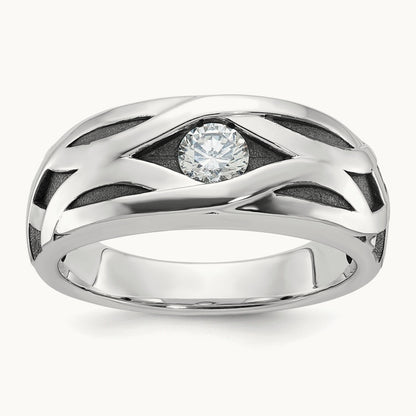 w/ Blk Rhodium IBGoodman Polished Satin & Grooved Diamond Ring, 14K White Gold