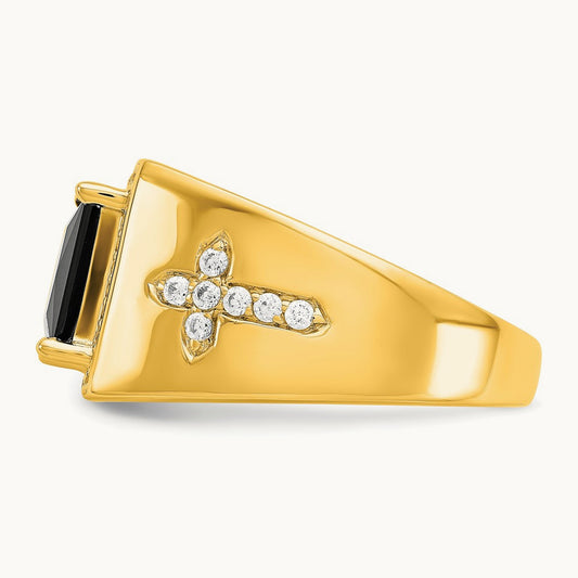 Onyx and Diamond Cross Men's Ring — 14K Yellow Gold, 10