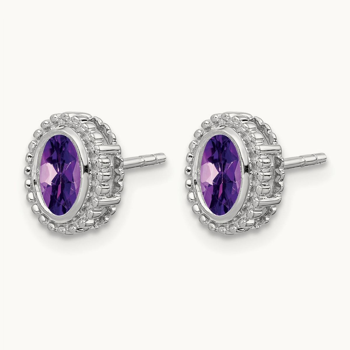 Oval Amethyst Post Earrings — 14K White Gold