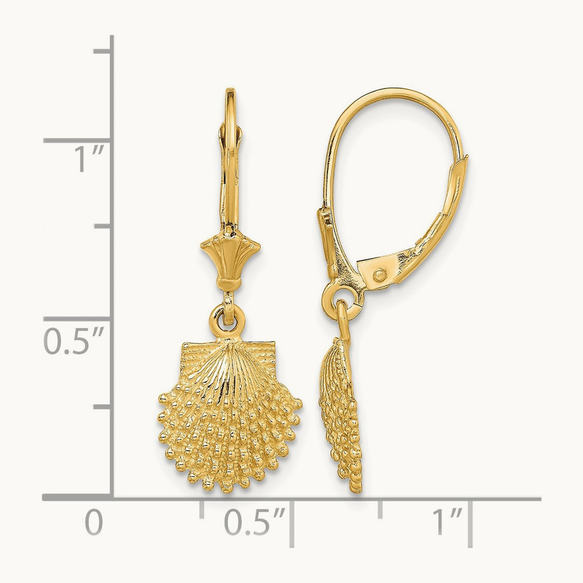 2-D Beaded Scallop Shell Leverback Earrings, 14K