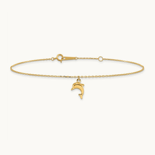Dolphin Charm 9in with 1in Extension Anklet, 14K