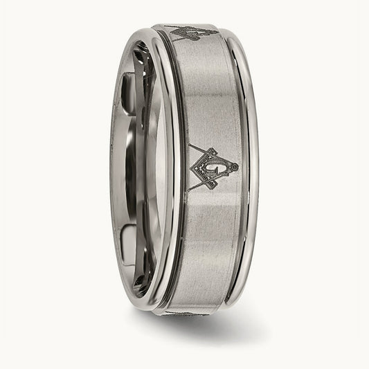 Brushed & Polished Masonic Laser Design Ridged Edge Band — photo set