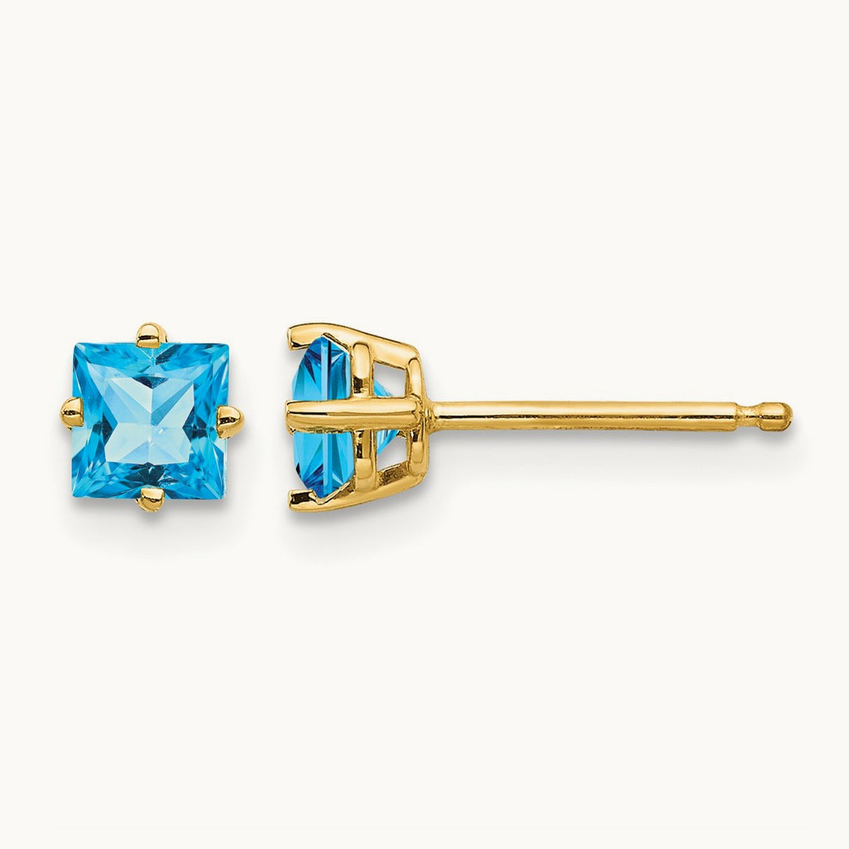 Princess Cut Blue Topaz Earrings, 4mm, 14K