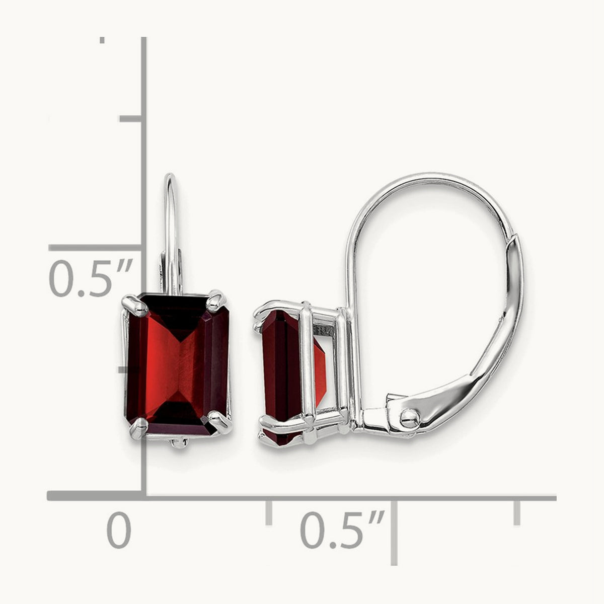 Emerald Cut Garnet Leverback Earrings, 14K White Gold