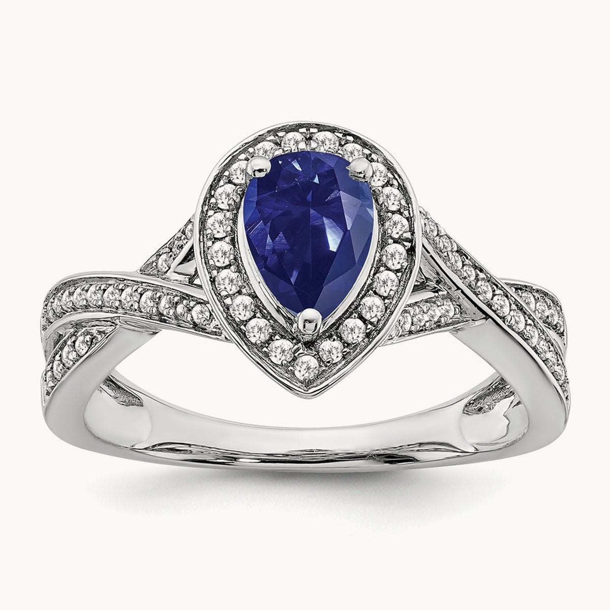Pear Created Sapphire and Diamond Halo Ring, 14K White Gold