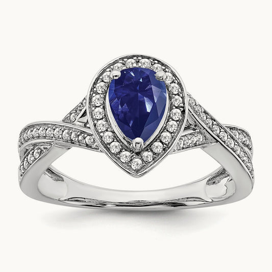 Pear Created Sapphire and Diamond Halo Ring, 14K White Gold