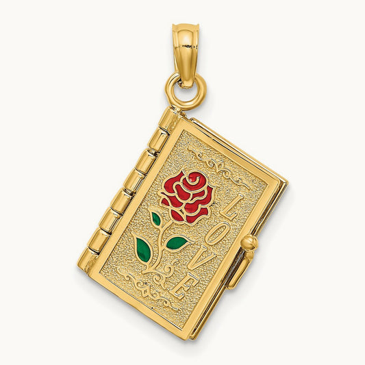 Enameled 3D Moveable LOVE Flower Book Pendant, 14K