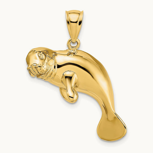 2-D /Polished Swimming Manatee Charm, 14K