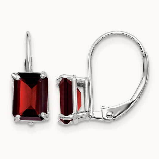 Emerald Cut Garnet Leverback Earrings, 14K White Gold
