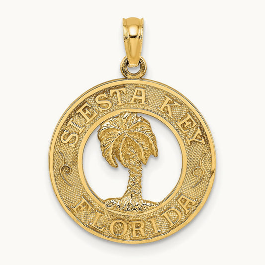 SIESTA KEY FLORIDA w/Palm Tree Circle Charm, 14K