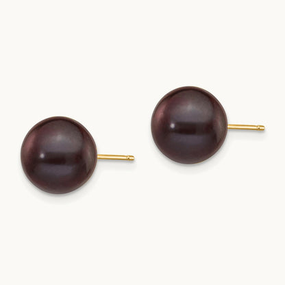 9- Black Round Freshwater Cultured Pearl Stud Post Earrings, 10mm, 14K