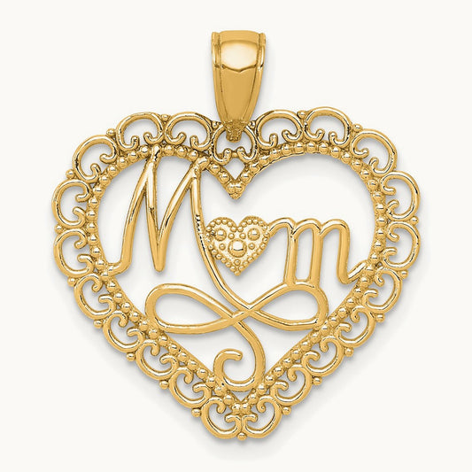 Polished MOM Scallop Heart Pendant, 14K