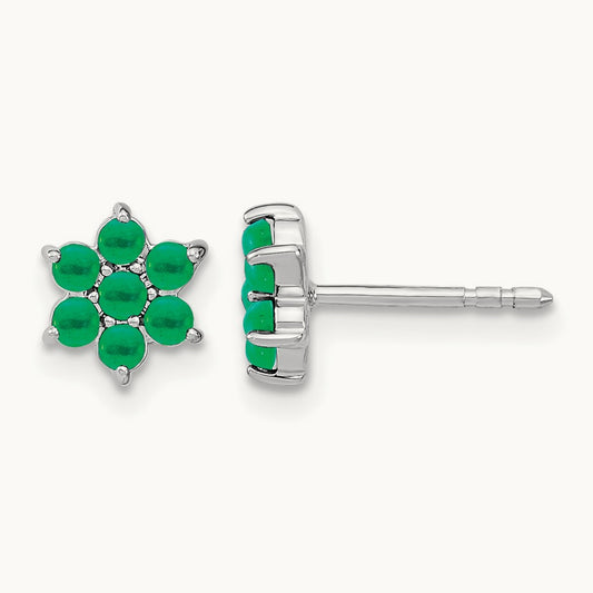 Emerald Floral Post Earrings, 14K White Gold