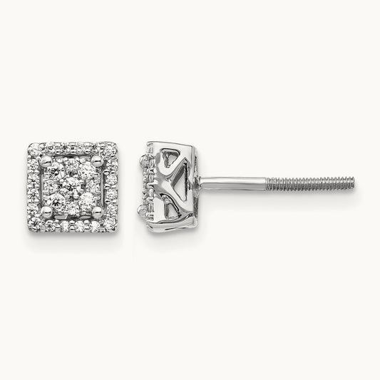 Diamond Square Screw Back Post Earrings — 14K White Gold, 0.244 ct
