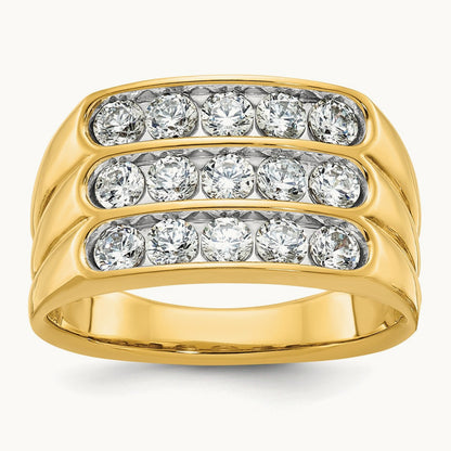 IBGoodman Men's Polished and Grooved 3-Row Diamond Ring, 14K
