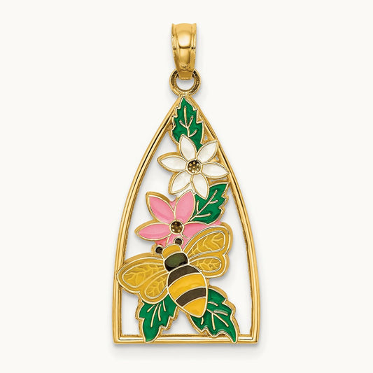 Enameled Bumblebee and Flowers Triangle Charm, 14K