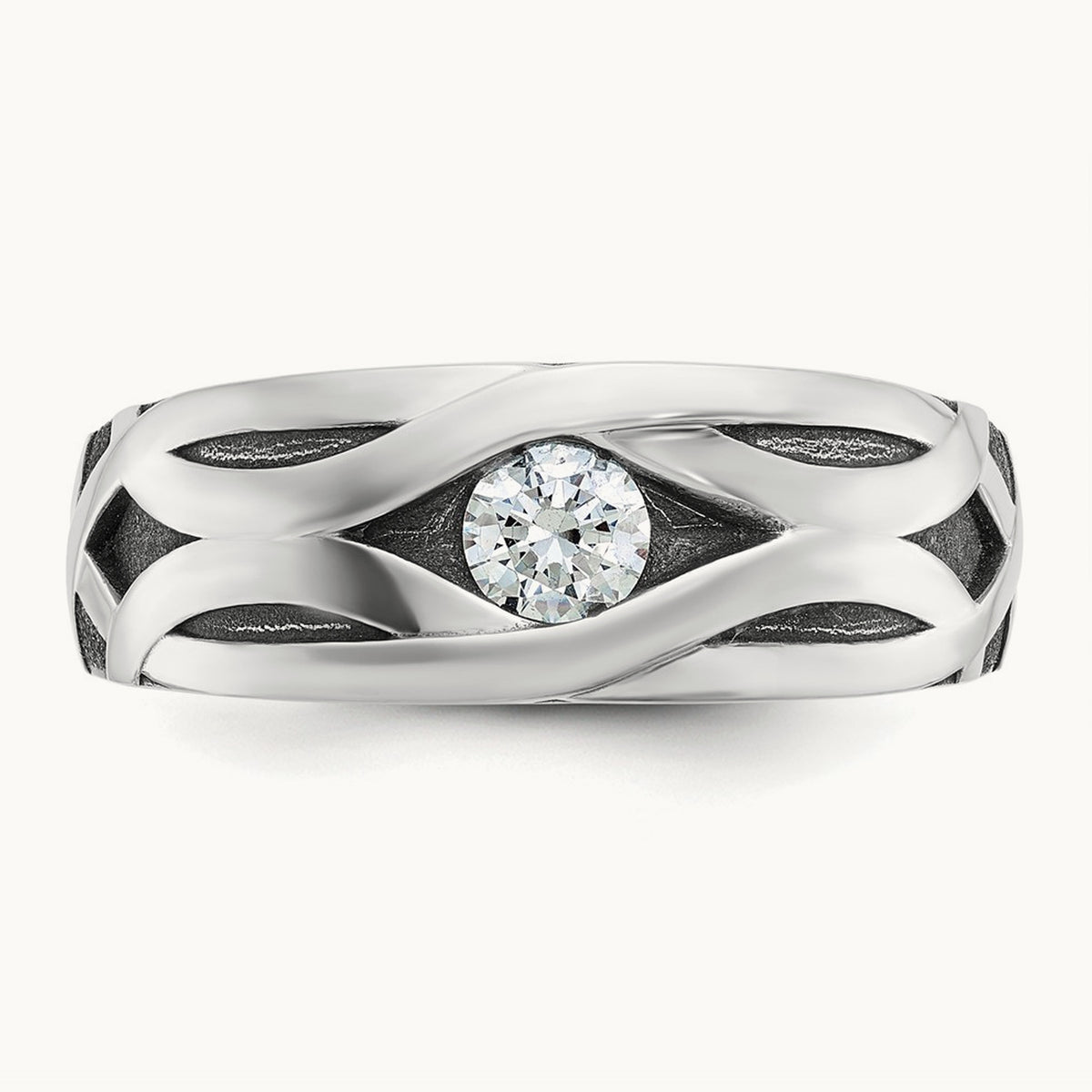 w/ Blk Rhodium IBGoodman Polished Satin & Grooved Diamond Ring, 14K White Gold