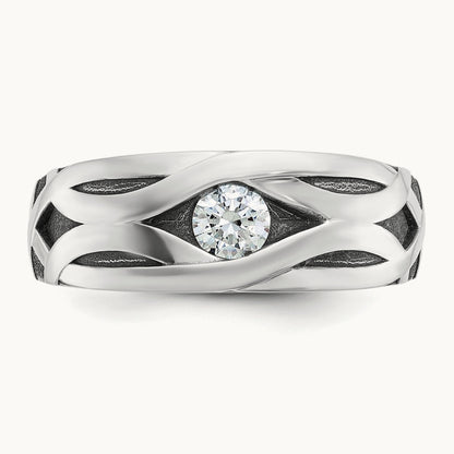 w/ Blk Rhodium IBGoodman Polished Satin & Grooved Diamond Ring, 14K White Gold