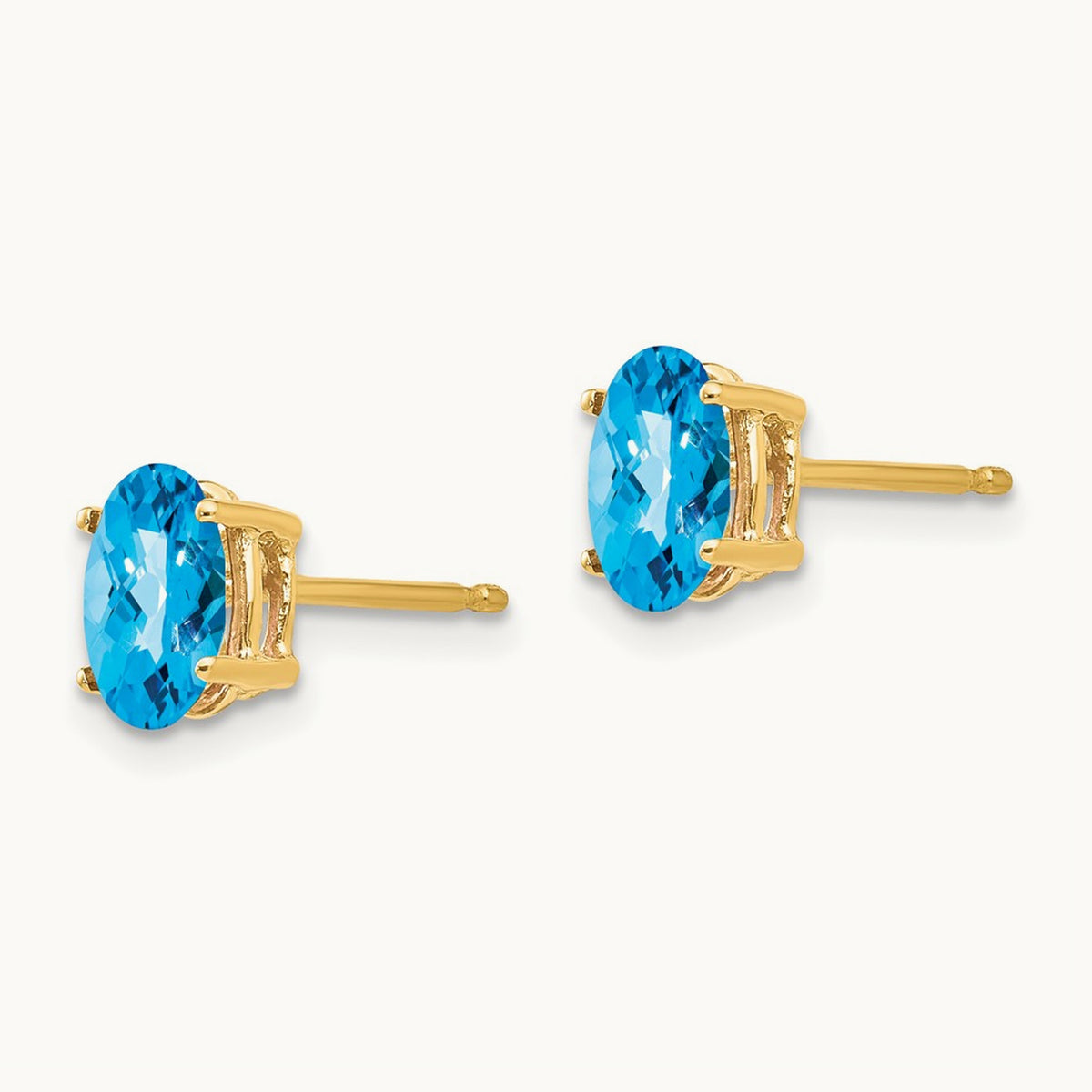 7x5mm Oval Blue Topaz Checker Earrings, 14K