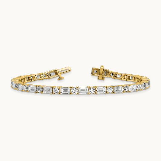 Emerald/Round Tennis Bracelet, 10.00 ct tw Lab-Grown Diamond — 14K Yellow Gold