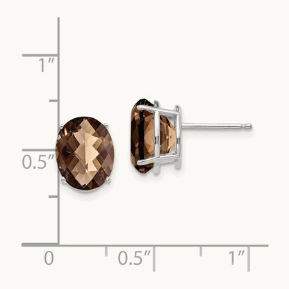 10x8 Oval Checker-Cut Smoky Quartz Earrings, 14K White Gold