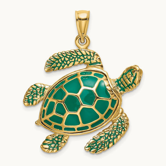 3-D Green Enamel Large Sea Turtle Charm, 14K