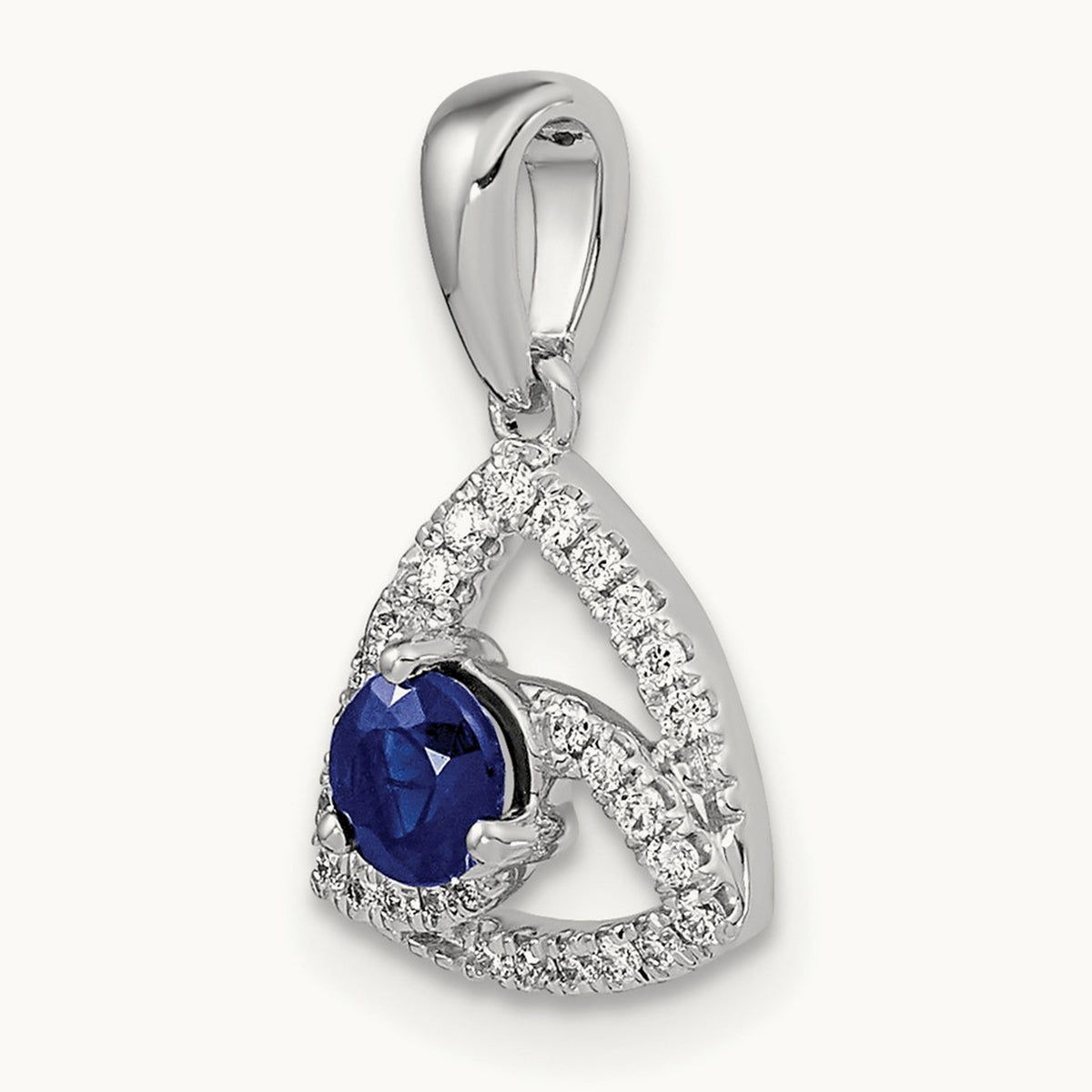 Diamond and Blue Sapphire Triangle Pendant, 14K White Gold
