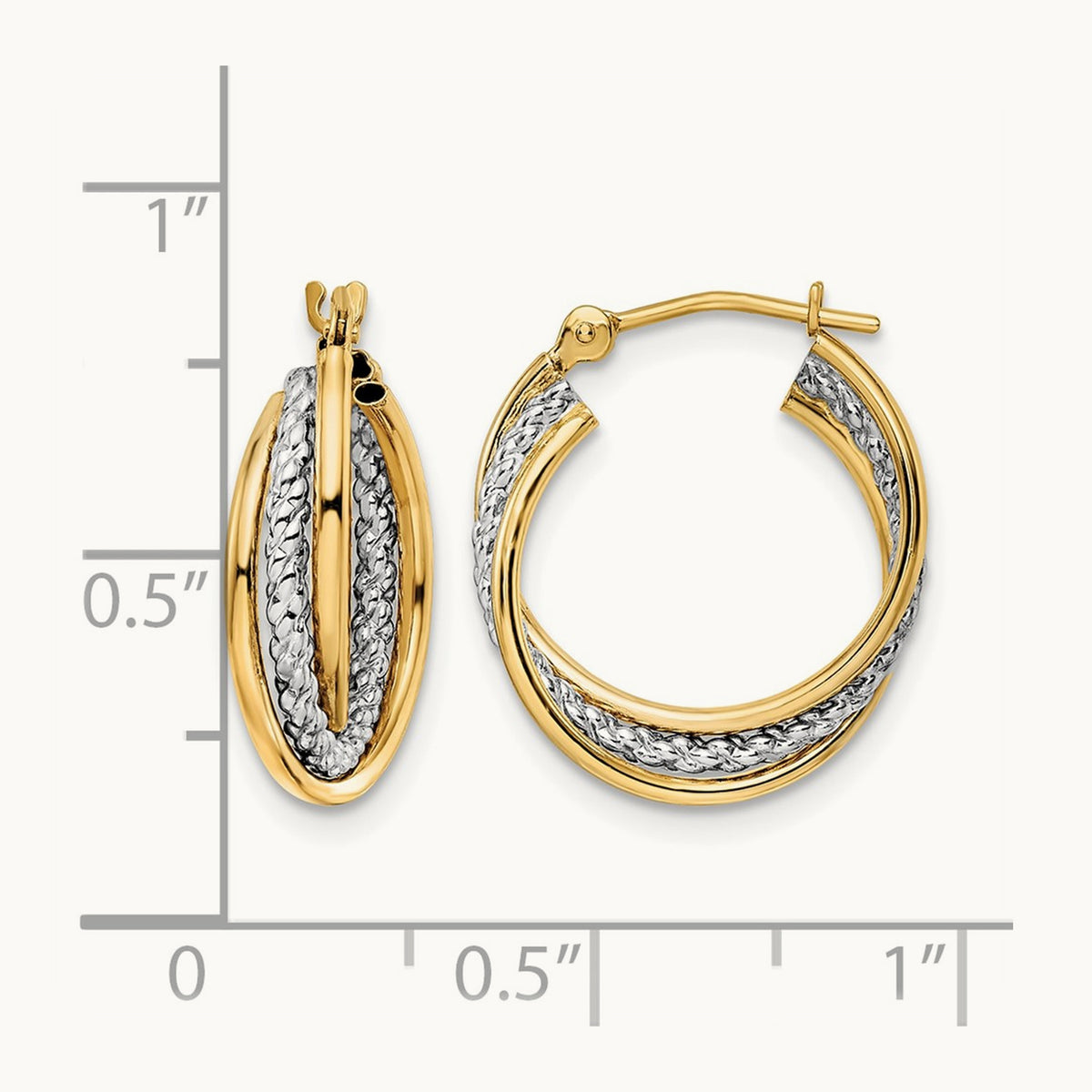 w/ White Rhodium Polished Textured Hoops, 14K