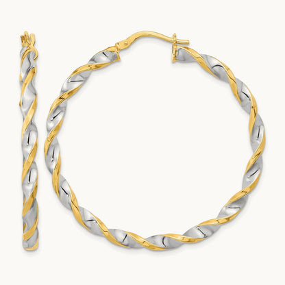 & White Rhodium Polished & Twist Hoop Earrings, 14K