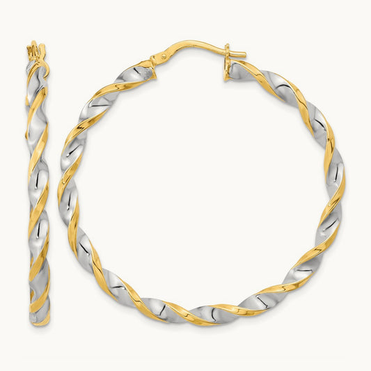 & White Rhodium Polished & Twist Hoop Earrings, 14K