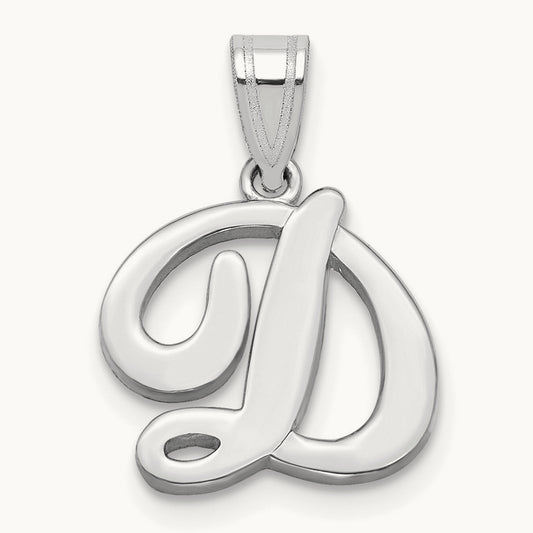White Gold Script Letter D Initial Pendant, 14K White Gold