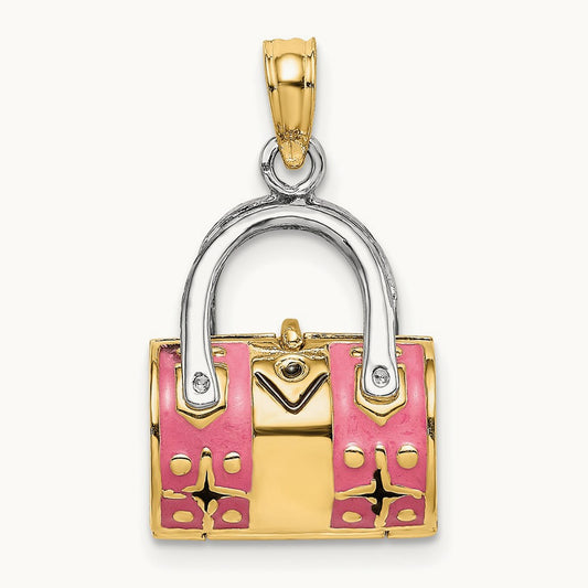 & Rhodium 3-D Pink Enameled Handbag Opens Charm, 14K