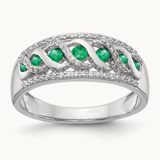 Diamond and Emerald Fancy Twist Ring, 14K White Gold