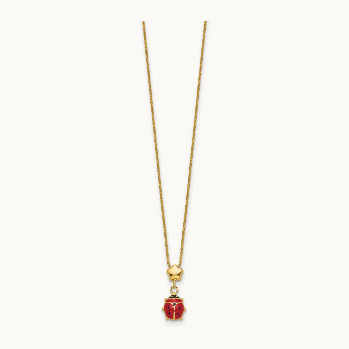 Polished Enameled Flower with Ladybug 16.5in Necklace, 14K