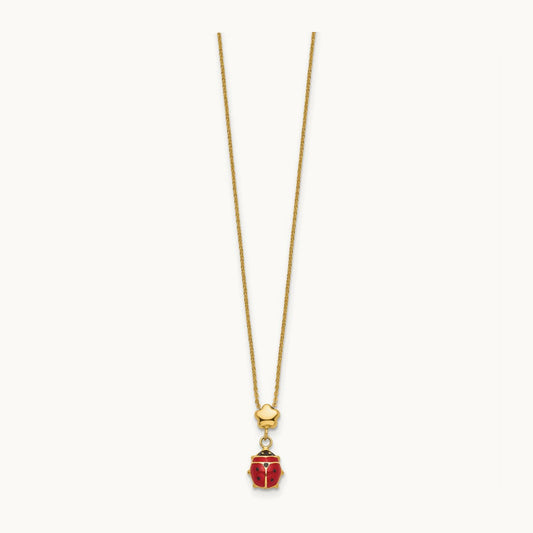 Polished Enameled Flower with Ladybug 16.5in Necklace, 14K