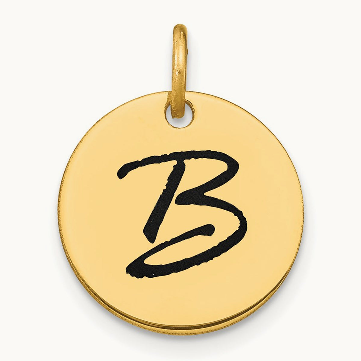Polished Black Enamel Initial Disk Charm — 14K Yellow Gold, B