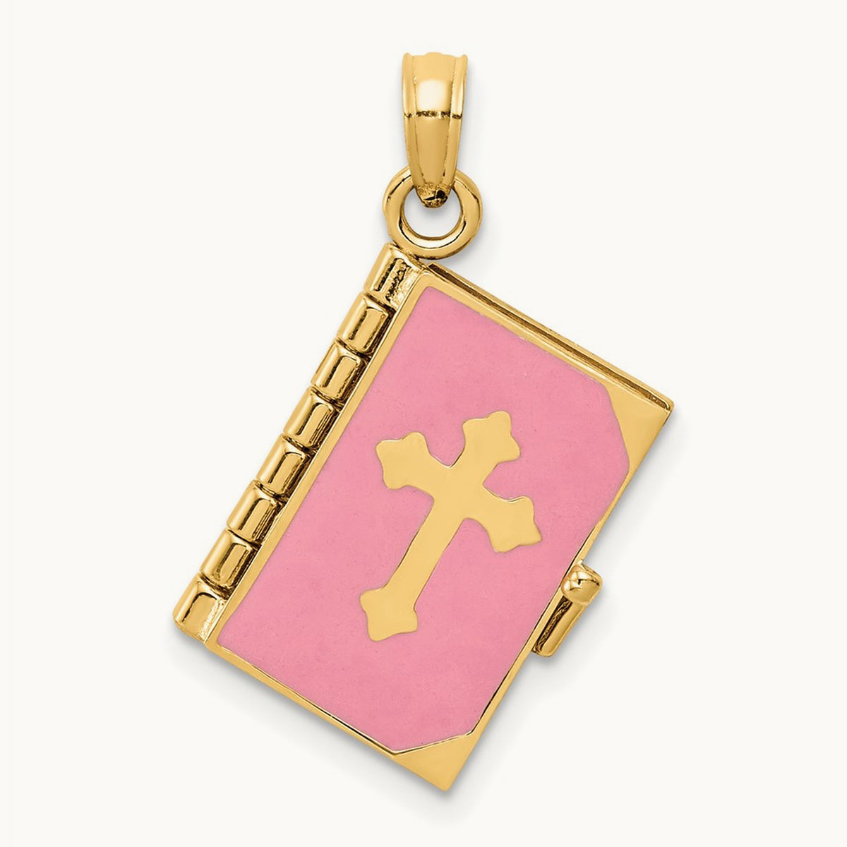 3D Pink Enameled Lord's Prayer Bible Pendant, 14K